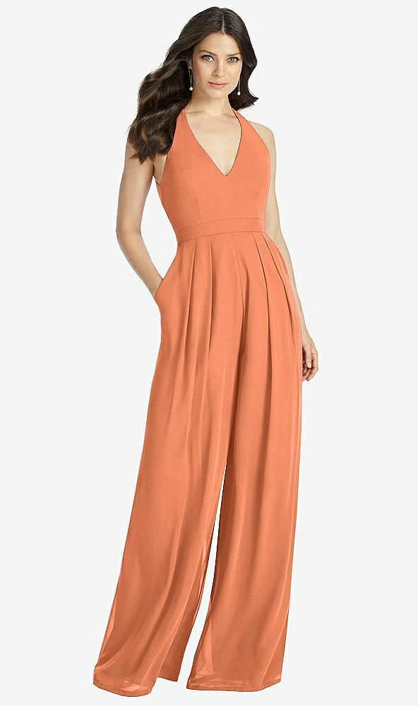 Front View - Sweet Melon V-Neck Backless Pleated Front Jumpsuit