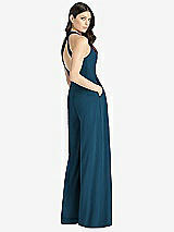 Rear View Thumbnail - Atlantic Blue V-Neck Backless Pleated Front Jumpsuit