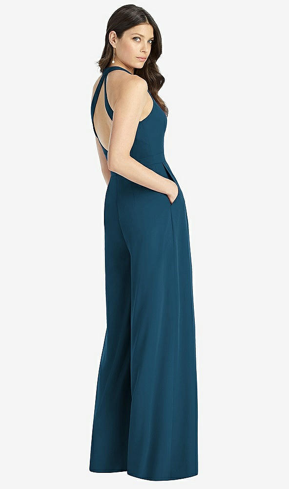 Back View - Atlantic Blue V-Neck Backless Pleated Front Jumpsuit