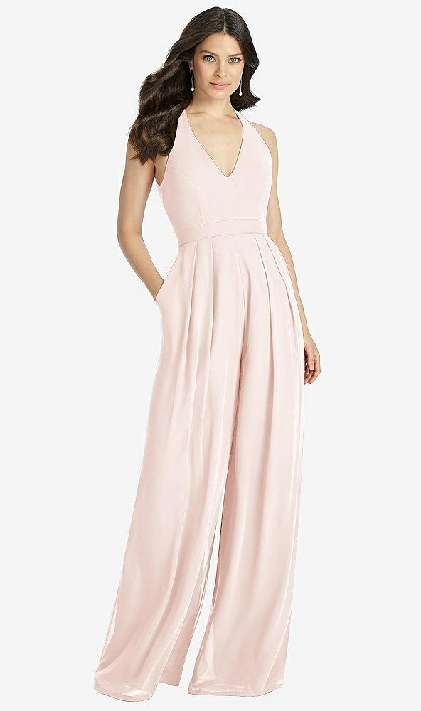 Front View - Blush V-Neck Backless Pleated Front Jumpsuit