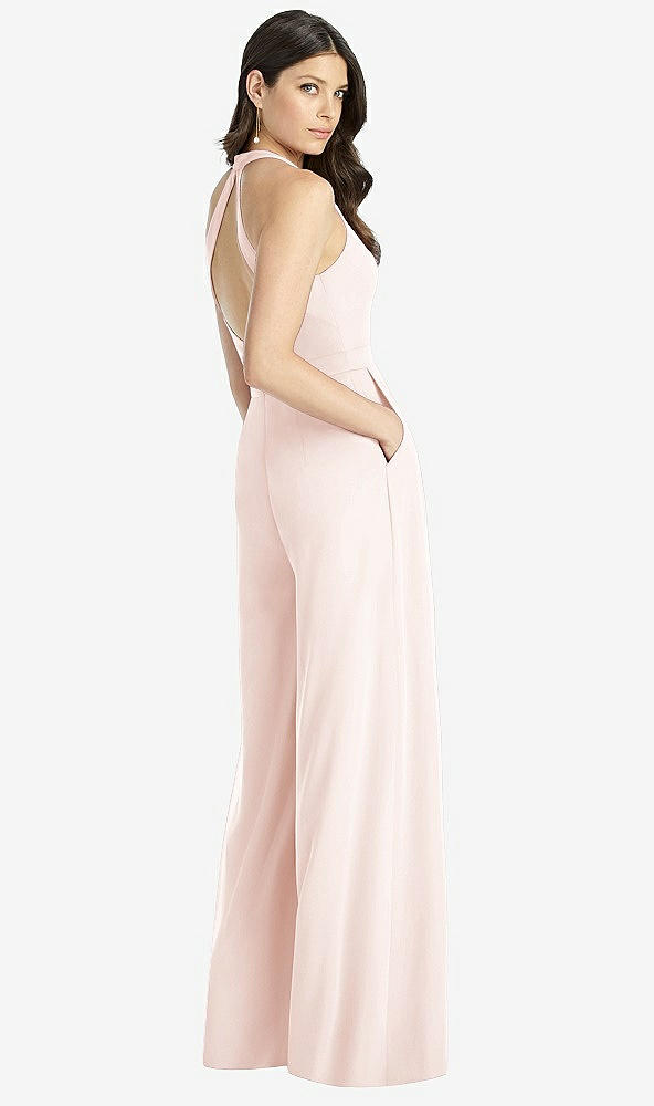 Back View - Blush V-Neck Backless Pleated Front Jumpsuit