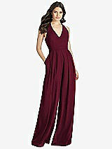 Front View Thumbnail - Cabernet V-Neck Backless Pleated Front Jumpsuit
