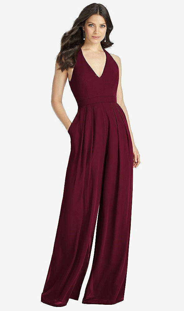 Front View - Cabernet V-Neck Backless Pleated Front Jumpsuit