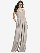 Front View Thumbnail - Taupe V-Neck Backless Pleated Front Jumpsuit