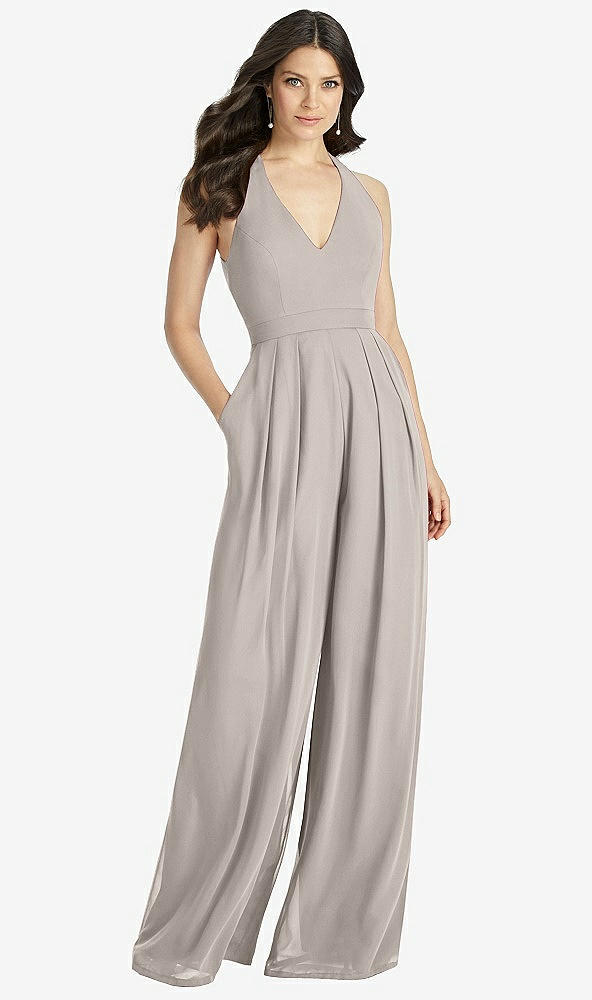 Front View - Taupe V-Neck Backless Pleated Front Jumpsuit