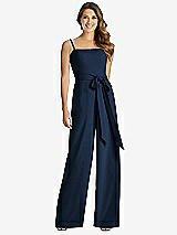 Front View Thumbnail - Midnight Navy Spaghetti Strap Crepe Jumpsuit with Sash - Alana 