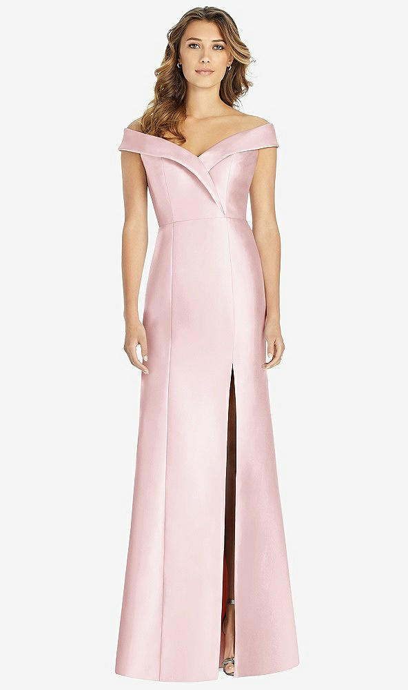 Front View - Ballet Pink Off-the-Shoulder Cuff Trumpet Gown with Front Slit
