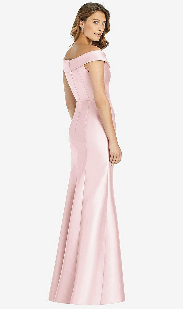 Back View - Ballet Pink Off-the-Shoulder Cuff Trumpet Gown with Front Slit