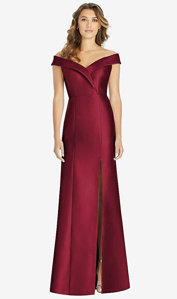Front View - Burgundy Off-the-Shoulder Cuff Trumpet Gown with Front Slit