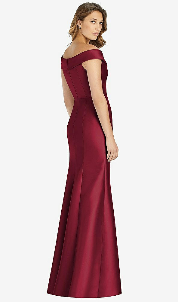 Back View - Burgundy Off-the-Shoulder Cuff Trumpet Gown with Front Slit