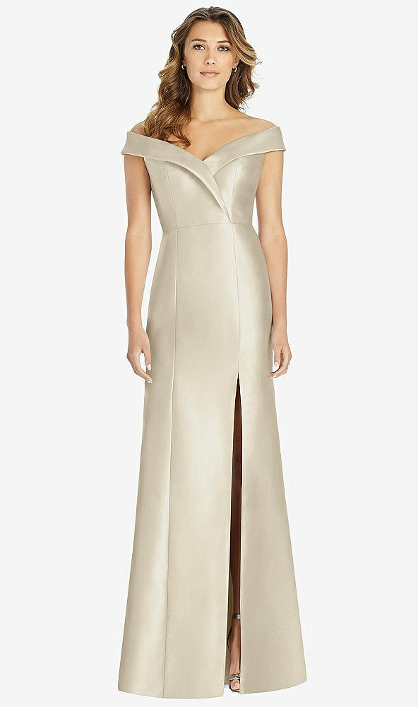 Front View - Champagne Off-the-Shoulder Cuff Trumpet Gown with Front Slit
