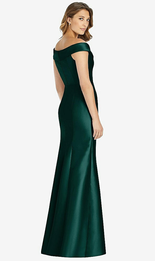 Back View - Evergreen Off-the-Shoulder Cuff Trumpet Gown with Front Slit