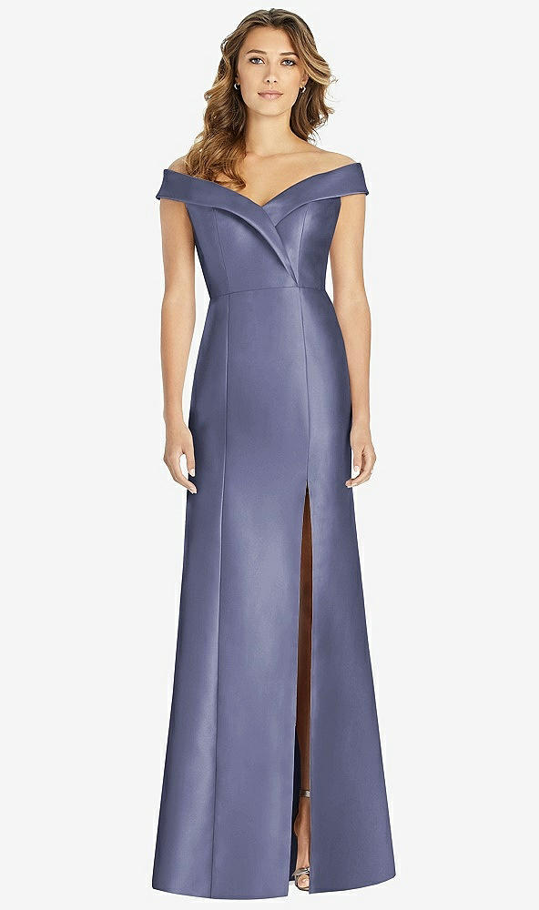 Front View - French Blue Off-the-Shoulder Cuff Trumpet Gown with Front Slit