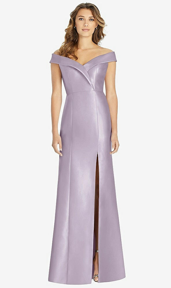 Front View - Lilac Haze Off-the-Shoulder Cuff Trumpet Gown with Front Slit