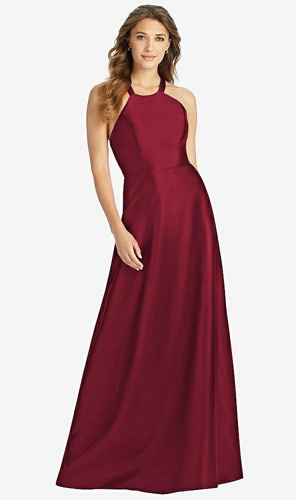 Front View - Burgundy Halter Lace-Up A-Line Maxi Dress