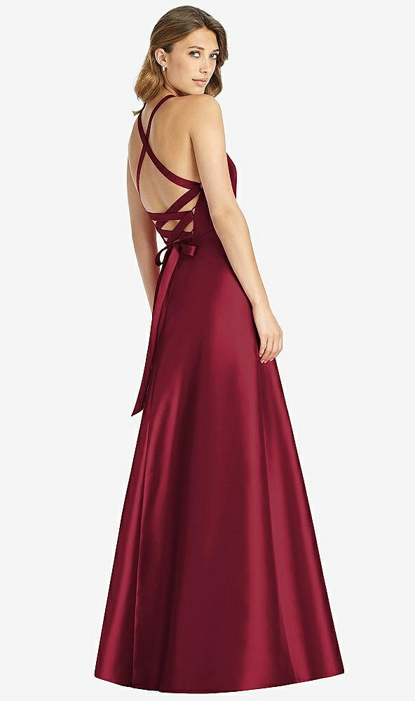 Back View - Burgundy Halter Lace-Up A-Line Maxi Dress