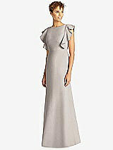 Front View Thumbnail - Taupe Ruffle Cap Sleeve Open-back Trumpet Gown