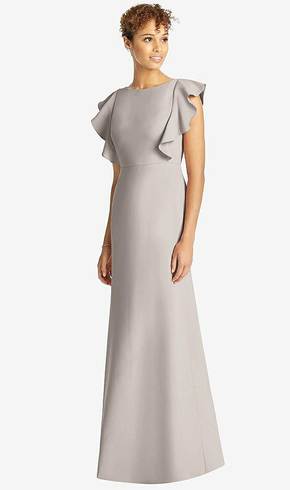Front View - Taupe Ruffle Cap Sleeve Open-back Trumpet Gown