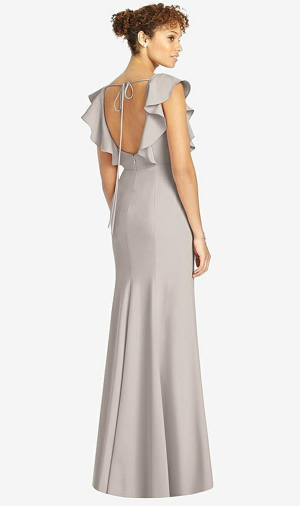 Back View - Taupe Ruffle Cap Sleeve Open-back Trumpet Gown