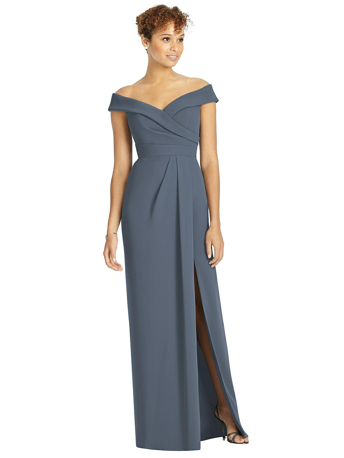 Cuffed Off the Shoulder Faux Wrap Maxi Dress with Front Slit