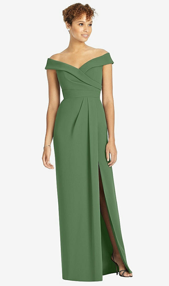 Front View - Vineyard Green Cuffed Off-the-Shoulder Faux Wrap Maxi Dress with Front Slit