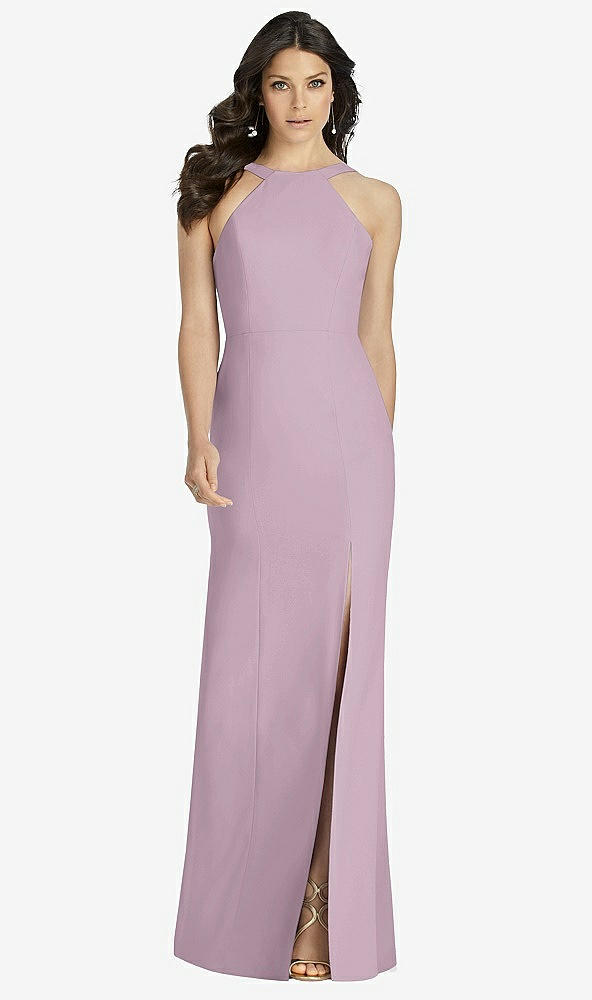 Front View - Suede Rose High-Neck Backless Crepe Trumpet Gown