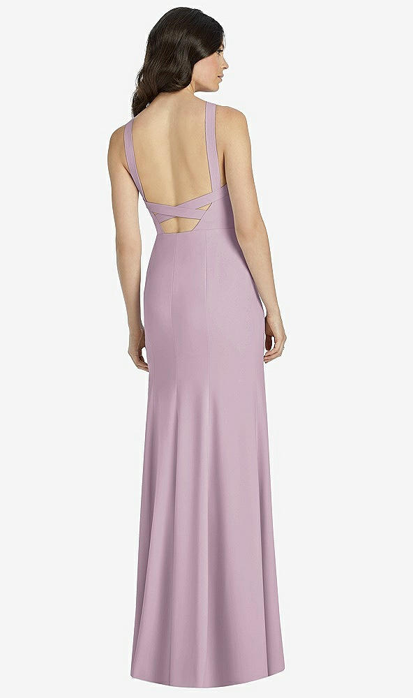 Back View - Suede Rose High-Neck Backless Crepe Trumpet Gown