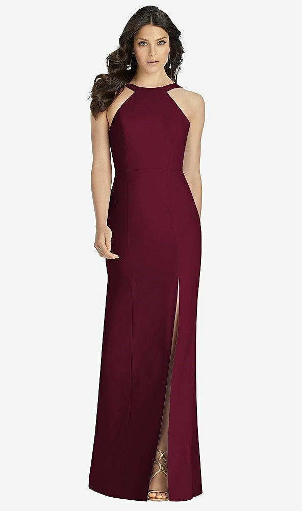 Front View - Cabernet High-Neck Backless Crepe Trumpet Gown