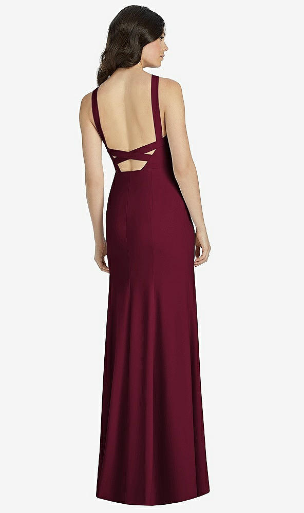 Back View - Cabernet High-Neck Backless Crepe Trumpet Gown