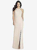 Front View Thumbnail - Oat High-Neck Backless Crepe Trumpet Gown
