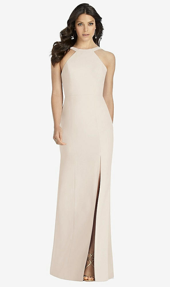 Front View - Oat High-Neck Backless Crepe Trumpet Gown