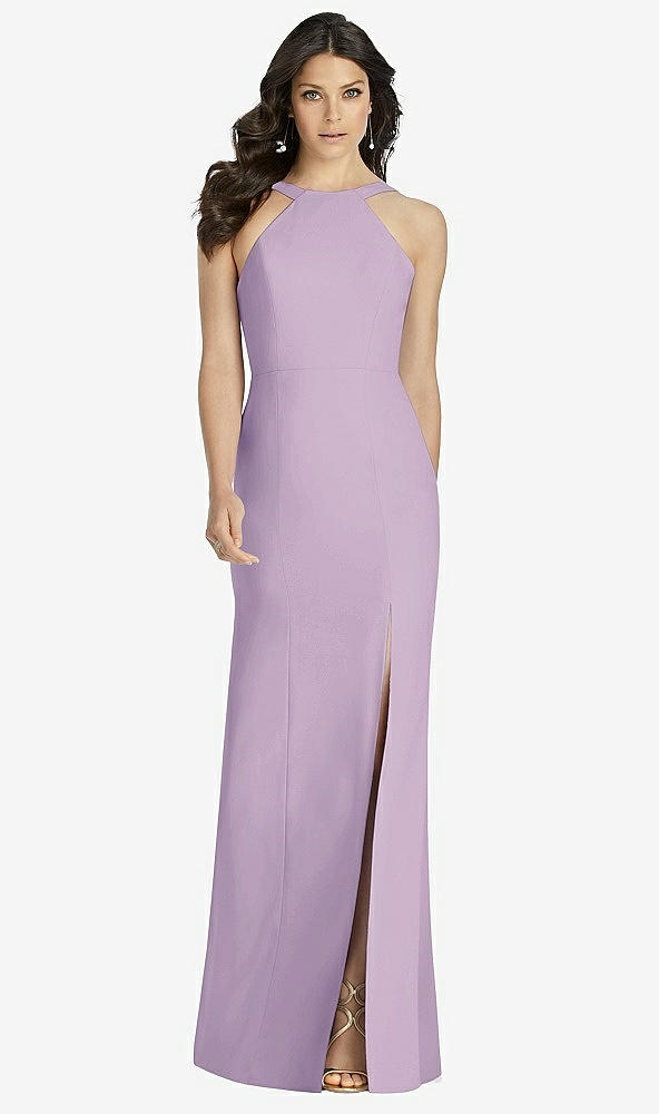 Front View - Pale Purple High-Neck Backless Crepe Trumpet Gown