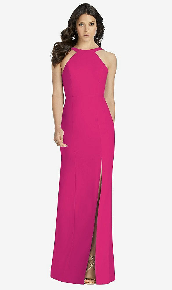 Front View - Think Pink High-Neck Backless Crepe Trumpet Gown