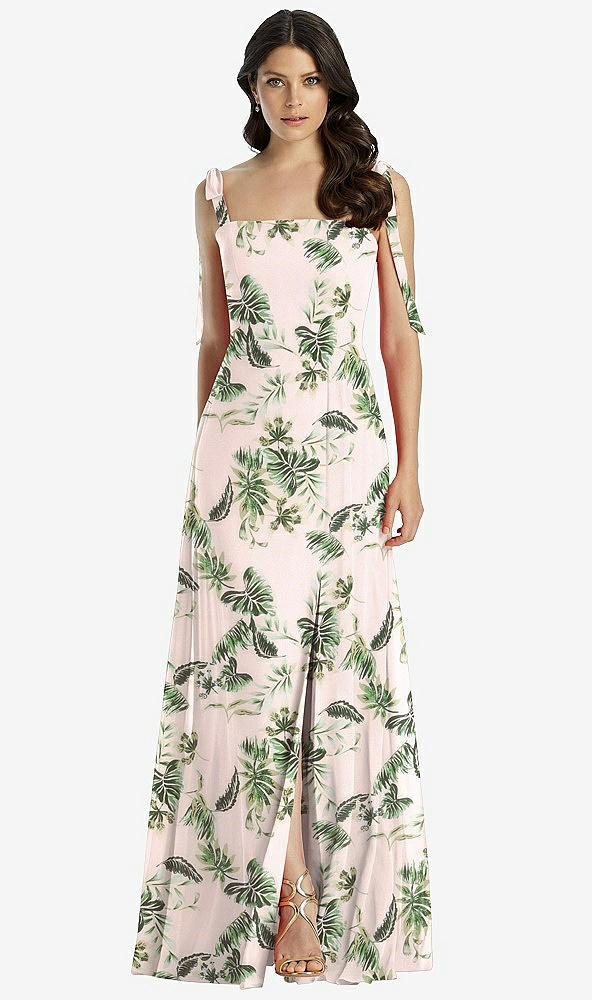 Front View - Palm Beach Print Tie-Shoulder Chiffon Maxi Dress with Front Slit