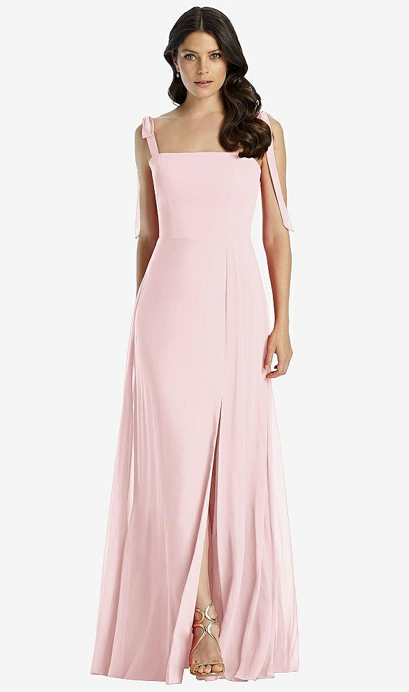 Front View - Ballet Pink Tie-Shoulder Chiffon Maxi Dress with Front Slit
