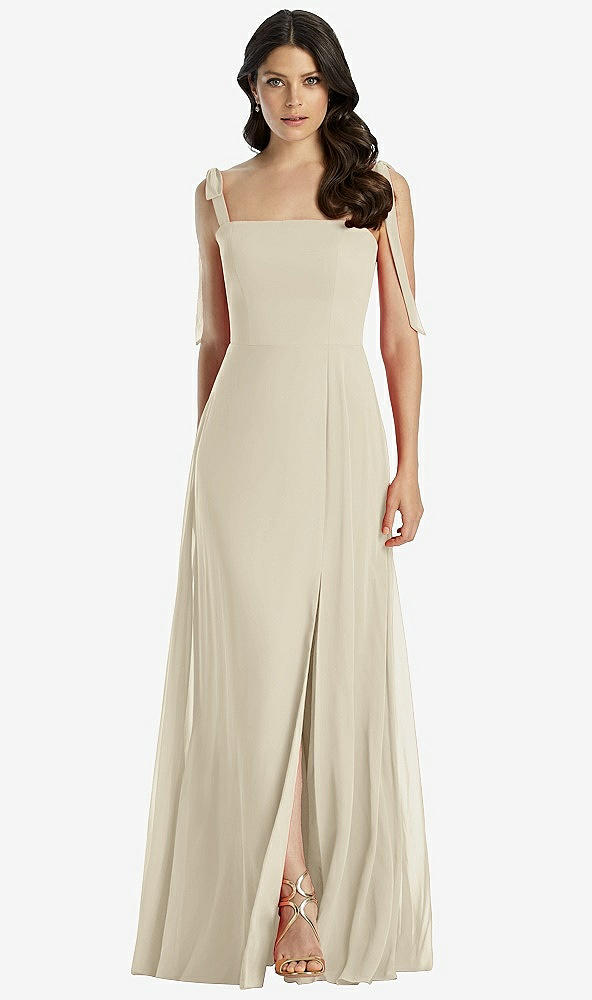 Front View - Champagne Tie-Shoulder Chiffon Maxi Dress with Front Slit