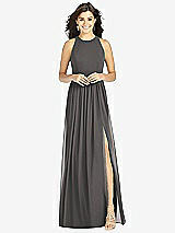 Front View Thumbnail - Caviar Gray Shirred Skirt Jewel Neck Halter Dress with Front Slit