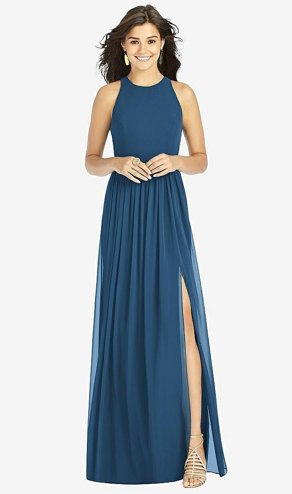 Front View - Dusk Blue Shirred Skirt Jewel Neck Halter Dress with Front Slit