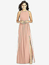 Front View Thumbnail - Pale Peach Shirred Skirt Jewel Neck Halter Dress with Front Slit