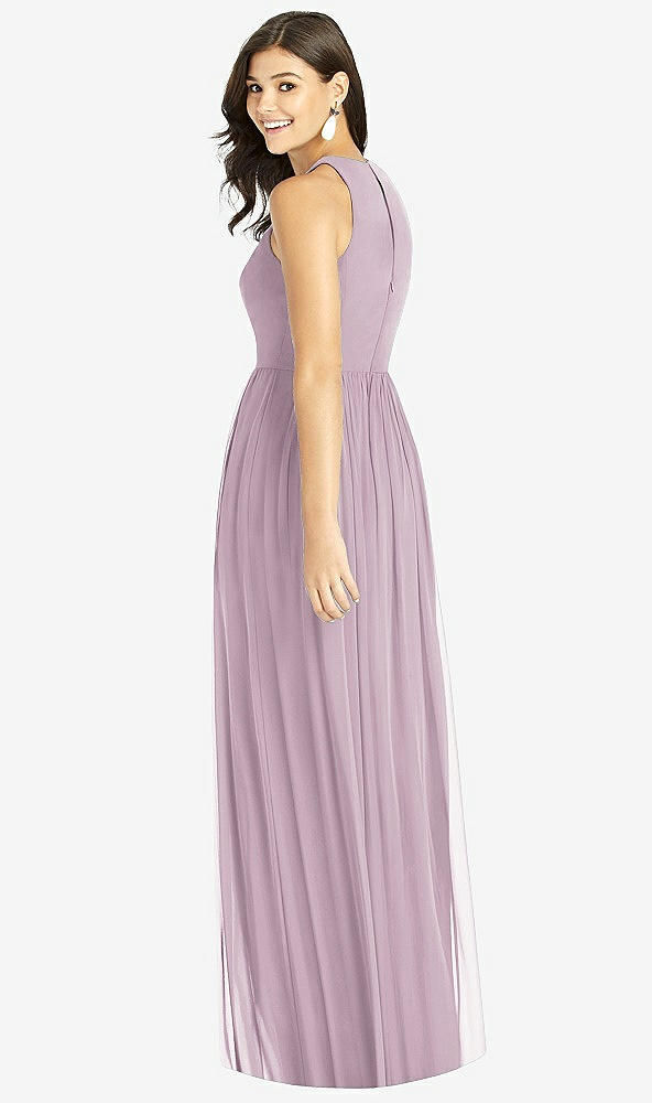 Back View - Suede Rose Shirred Skirt Jewel Neck Halter Dress with Front Slit