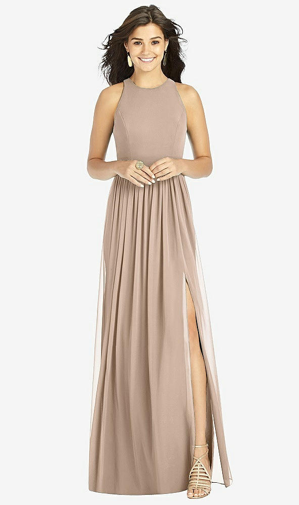 Front View - Topaz Shirred Skirt Jewel Neck Halter Dress with Front Slit