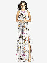 Front View Thumbnail - Butterfly Botanica Ivory Shirred Skirt Jewel Neck Halter Dress with Front Slit