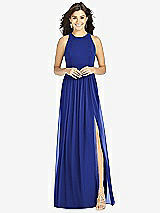 Front View Thumbnail - Cobalt Blue Shirred Skirt Jewel Neck Halter Dress with Front Slit