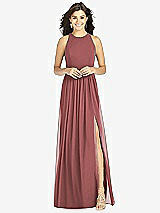 Front View Thumbnail - English Rose Shirred Skirt Jewel Neck Halter Dress with Front Slit