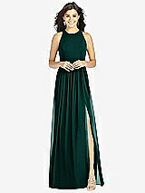 Front View Thumbnail - Evergreen Shirred Skirt Jewel Neck Halter Dress with Front Slit