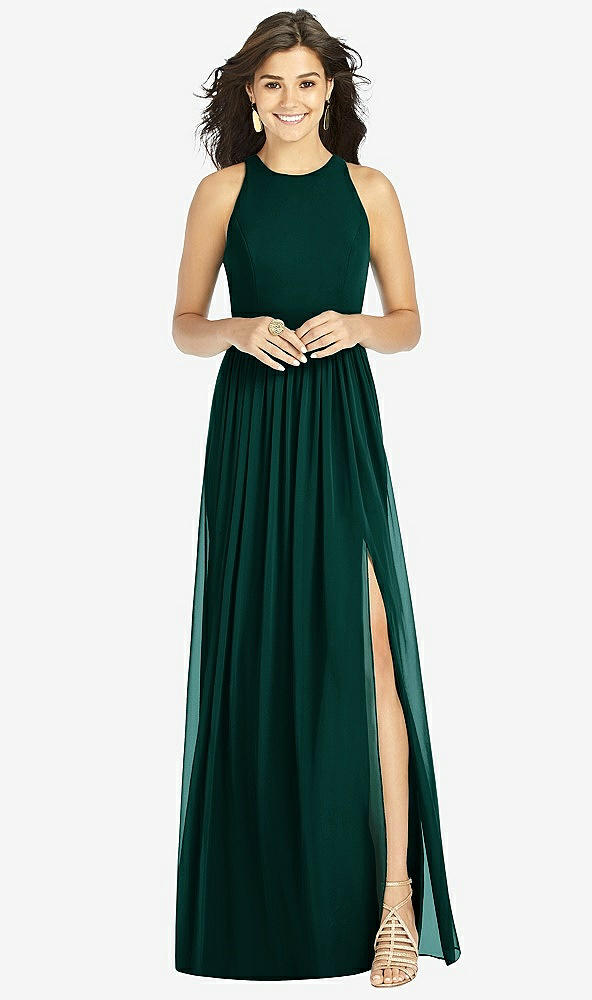 Front View - Evergreen Shirred Skirt Jewel Neck Halter Dress with Front Slit