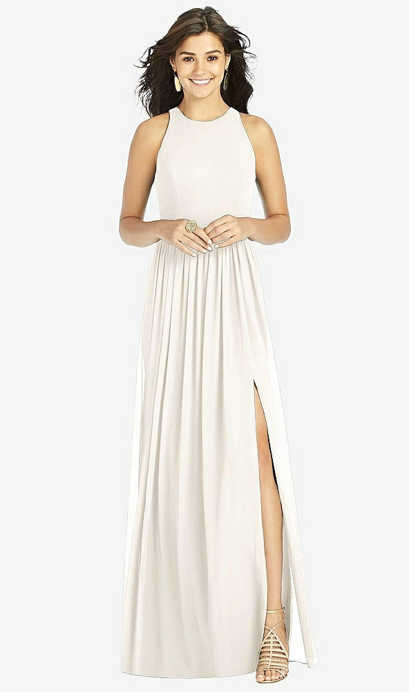 Front View - Ivory Shirred Skirt Jewel Neck Halter Dress with Front Slit