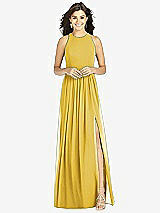 Front View Thumbnail - Marigold Shirred Skirt Jewel Neck Halter Dress with Front Slit