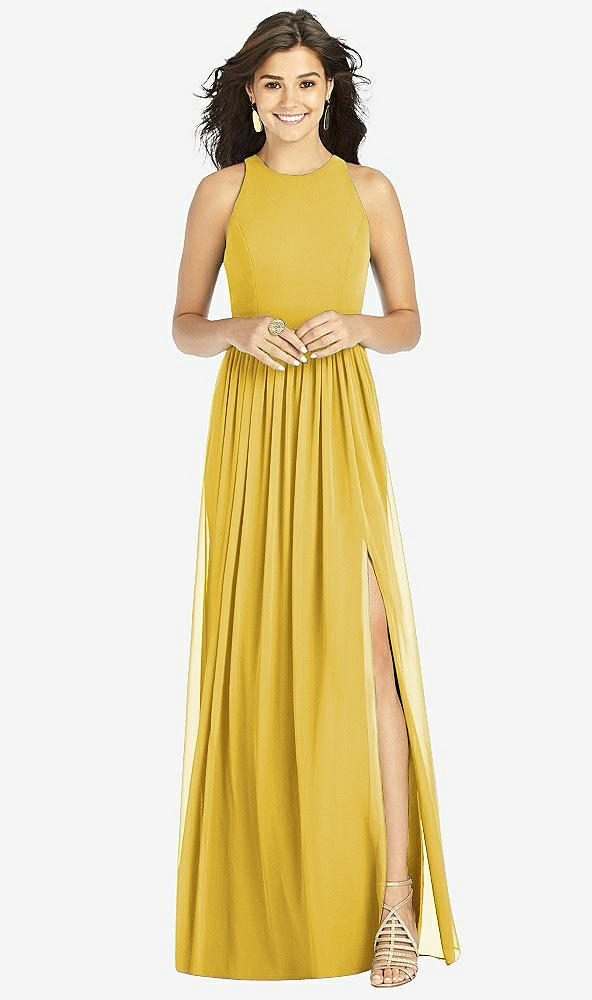 Front View - Marigold Shirred Skirt Jewel Neck Halter Dress with Front Slit