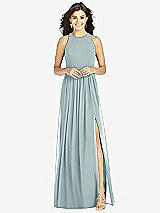 Front View Thumbnail - Morning Sky Shirred Skirt Jewel Neck Halter Dress with Front Slit